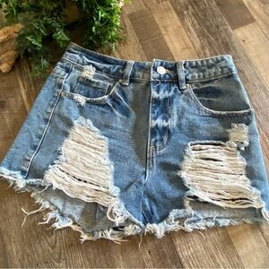 CABI Jean Shorts: High Rise Shorties w/ Black & White Checkered Inner Pockets, 0